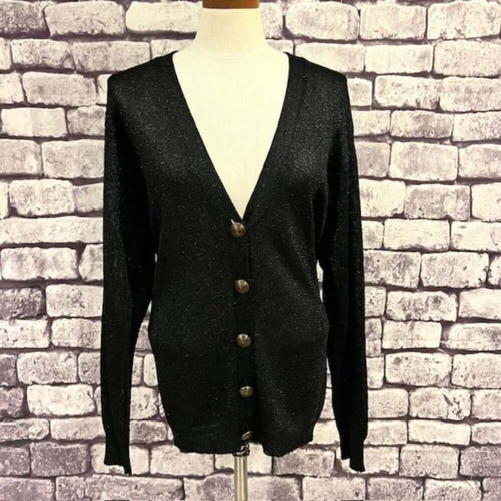 Breckenridge Black & Silver Knit Long Sleeve Cardigan Sweater Size M